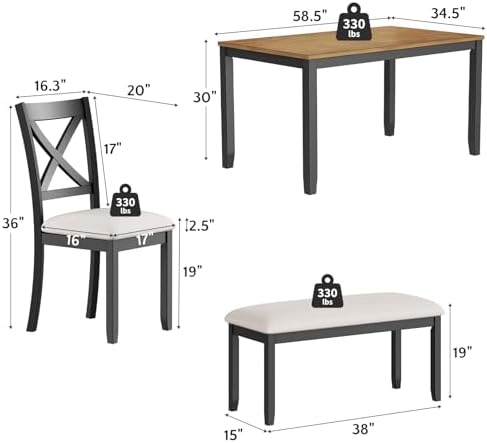 Zevemomo 6-Piece Solid Wood Dining Table Set, Farmhouse Wooden Legs, Black - Image 2