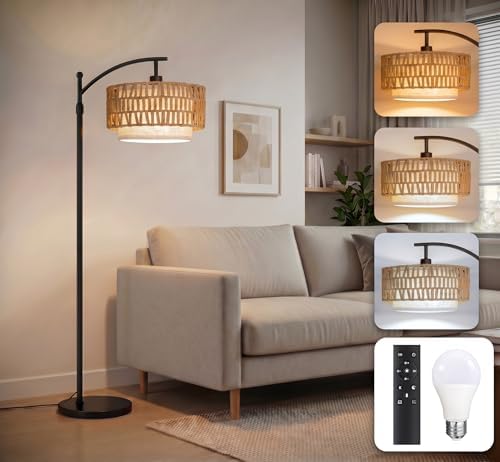 Arc Floor Lamp for Living Room with Remote, 57.5"-67" Height Adjust Dimmable Bulb Floor Lamps with 3 Color Temps, Boho Standing Lamp with Rattan & Fabric Shades, Farmhouse Tall Lamp for Bedroom Corner by NUBEAURA