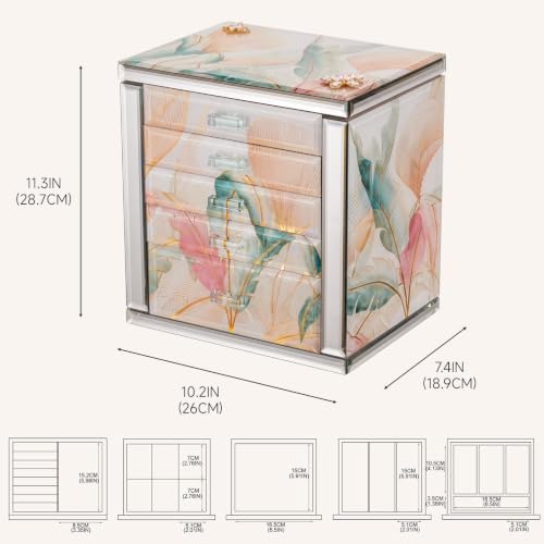 High End Glass Jewelry Box for Women, 5 Layer, Pink Floral - Image 5