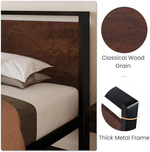 SHA CERLIN 14 Inch Twin Size Metal Platform Bed Frame with Wooden Headboard and Footboard, Mattress Foundation, No Box Spring Needed, Large Under Bed Storage, Heavy Duty Slats Support, Mahogany - Image 5
