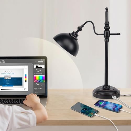 Industrial Desk Lamp - Black Metal Task Lamp with 2 USB Charging Ports,Vintage Farmhouse Style for Bedroom,Coffee,Dorm,Farmhouse Decor - Image 6