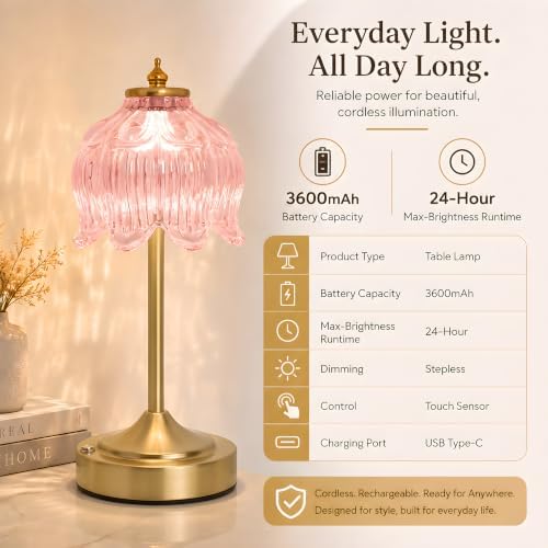Lotus Flower Table Lamp, Cordless Rechargeable Amber Glass Bedside Lamp | 3600mAh Battery, Touch Control, 3 Color Modes & Stepless Dimming for Bedroom, Nightstand Pink 1PC - Image 7