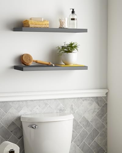 BAYKA Floating Shelves, 22.5" Wall Mounted Wood Shelves for Bathroom, Bedroom, Living Room, Kitchen, Hanging Shelf for Books/Storage/Decor (Grey,Set of 2) - Image 4