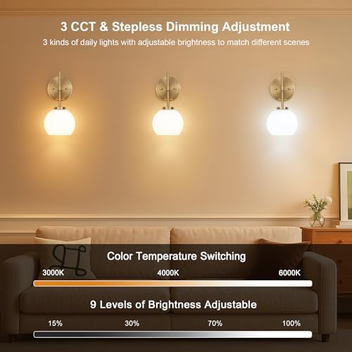 Gold Battery Operated Wall Sconce Set of 2, Wireless Rechargeable Sconces Wall Lighting with Remote Control, LED Dimmable Wall Lights with Opal White Glass Shade, 12 Colors RGB & 3 CCT Bulb - Image 5