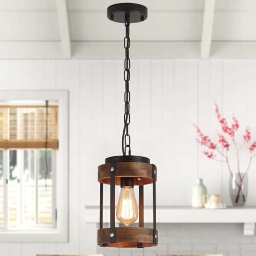 Rustic Farmhouse Wood Pendant Light Fixture One-Light Adjustable Chain Oak Wood and Metal Lantern Drum Small Pendant Lighting for Kitchen Island Sink Hallway Farmhouse Bathroom Bar, Black by Unknown