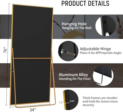 Beauty4U 76" x 34" Full Length Mirror with Stand, Gold Large Floor Mirror - Image 3