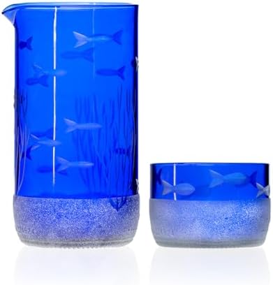 Rolf Glass School of Fish Twice Around Blue Pitcher and Mini Sipper | 13oz Recycled Glass Pitcher & 2” Mini Sipper | Tequila Tasting | Made From Recycled Bottles | Engraved in USA | 2pc + Gift Box Set by RolfGlass
