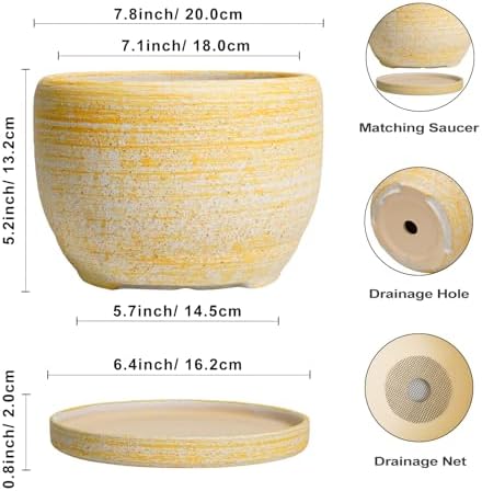 SQOWL Ceramic Flower Pots - 8 inch Plant Pot Indoor with Drainage Hole and Saucer, Modern Ceramic Planter Outdoor, Round Decorative Planter, Living Room Home Decor, Gifts for Plant Lovers, Yellow - Image 3