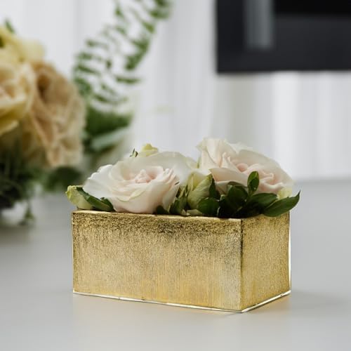 WGVI Long Rectangle Ceramic Planter Vase in Gold Etched 12" x 4" x 4"H, Block Rectangular Terrarium Box Pot, Flower Arrangement, Table top Centerpiece, Home Decor Storage Container, 1 Pc. - Image 5