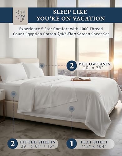 LANE LINEN Split King Sheets Sets for Adjustable Bed Sateen Weave - White - Image 2