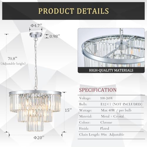 CATINER 20" Modern Crystal Chandeliers,7 Lights Chrome Round Light Fixture - Image 2