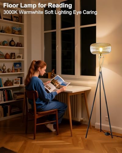 Lightdot Glass Tripod Floor Lamp for Living Room, Modern Gold&Black Standing Lamp with Ribbed Brown Glass Shade, Arc Tall Lamp for Bedroom/Reading Room/Sofa Beside/Corner Decor (Bulb Included) - Image 2
