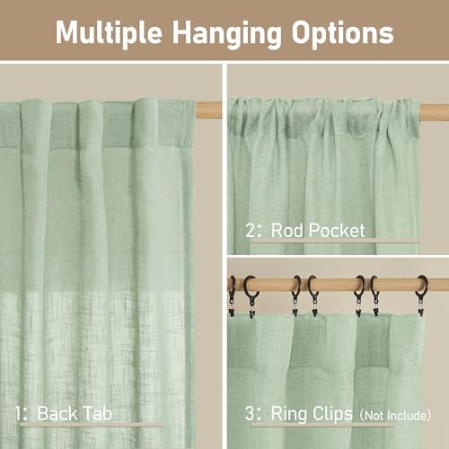 LAMIT Fresh Green Linen Curtains 54 Inch Length for Bedroom, 2 Panels - Image 3
