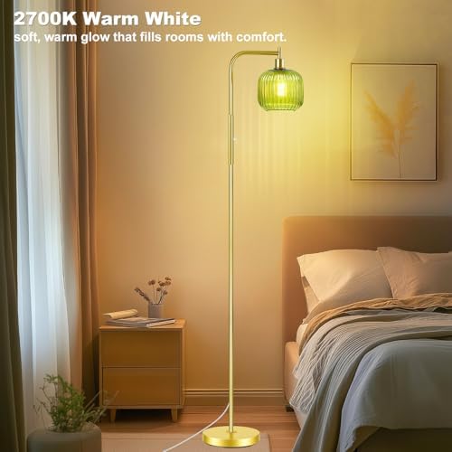 Dimmable Gold Floor Lamp with Ribbed Shade, Vintage Green Standing Lamp Dimmable with Solid Base, Arc Floor Lamps Glass for Living Room, Bedroom, Office, Decorative Tall Corner Lamps Gift Use - Image 5