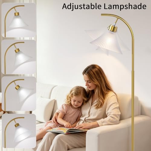 SIBRILLE Gold Floor Lamp with Remote, Dimmable Glass Arc Standing Lamp, Ribbed Frosted Glass Shade, 3 Color Temperatures, Foot Switch, 9W LED Bulb for Living Room Bedroom Office - Image 4
