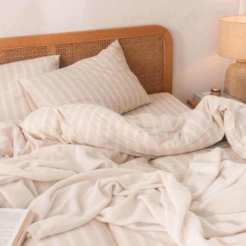 BESTOUCH Striped Cotton Duvet Cover Set Linen Feel Super Queen - Image 2