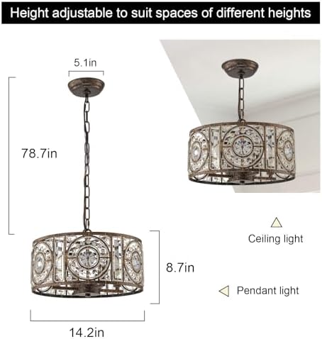 Bronze Vintage Crystal Chandeliers for Dining Room 14.17" Drum Pendant Lights, Dining Room Light Fixtures Over Table, Hanging Chandelier for High Ceiling Kitchen Island Living Room Foyer - Image 6