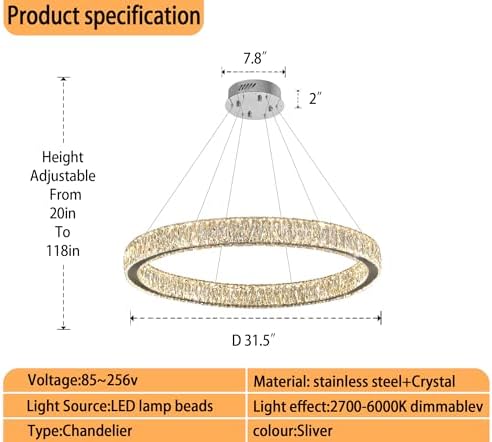 Modern LED Dimmable Crystal Chandelier 31.5" Ring Pendant Light Adjustable Round Chrome Crystal Chandelier Light Fixtures for Dining Room Living Room - Image 2