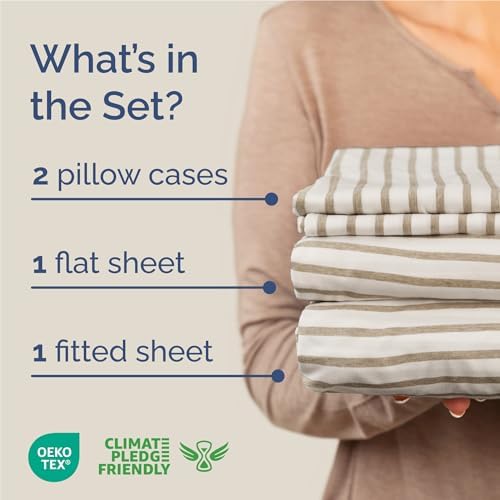 Full Size 4 Piece Sheet Set - Breathable & Cooling Sheets - Beige Stripes - Image 2