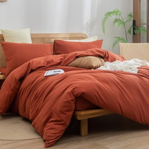 BESTOUCH Cotton Solid Duvet Cover Set Burnt Brick Red Oversized Full - Image 4