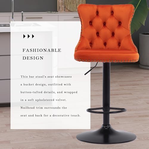 SoarFlash Velvet Bar Stool Set of 2, Adjustable Swivel Bar Stools with Black Metal Leg, Button Tufted, Footrest, Chrome Nailhead, Counter Height Chair for Kitchen, Bar, Dining Room (Orange) - Image 6