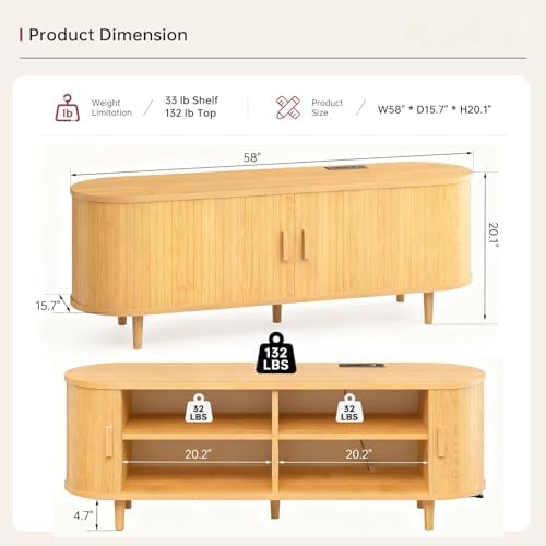 58" Mid Century Modern TV Stand, Wood TV Consoles with Sliding Doors and Power Outlet, Entertainment Center with Adjustable Shelves, Fluted TV Stands for Living Room, Oak - Image 3