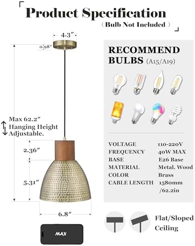ELYONA Vintage Hammered Pendant Light Fixture, 7” Small Brushed Brass Metal Hanging Light Solid Wood Antique Gold Pendant Lamp for Kitchen Island, Farmhouse, Dining Room, Adjustable Height - Image 3