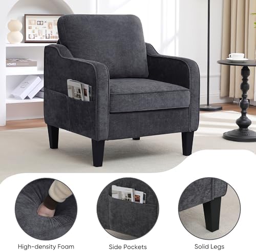 Accent Chairs Set of 2, Upholstered Living Room Chairs with Side Pocket, Mid Century Modern Reading Chair for Bedroom, Comfy Armchair Single Sofa Side Chair for Office, Small Room, Dark Grey - Image 4