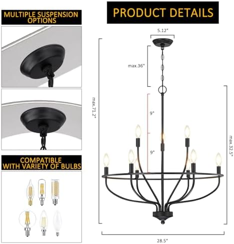 Black Chandelier for Dining Room, Classic 9-Light Farmhouse Pendant Light Fixture Over Table, Black Big Candle Chandelier for Kitchen Island, Bedroom, Living Room, Foyer (E12 Base) - Image 4