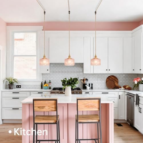 Shenmoyl Plug in Pendant Light Hanging Light Fixtures with Plugin Cord On/Off Switch,Pink Striped Glass Lampshade Brass Pendant Light - Image 3