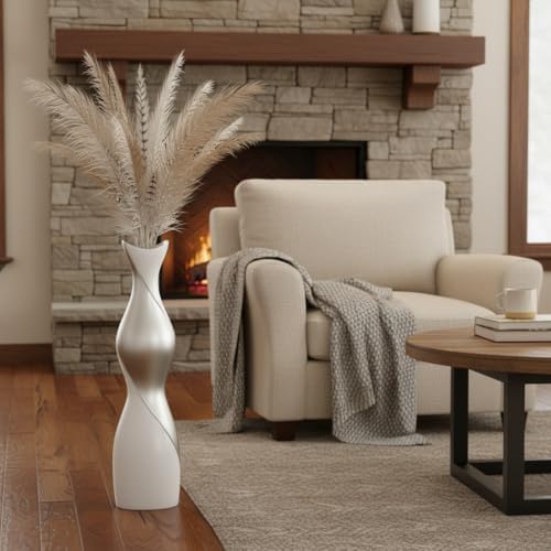 Matte White & Silver Modern Floor Vase, 24" Tall Dual-Tone Decorative Vase for Pampas Grass, Dried Flowers, Feathers, Contemporary Home Decor for Living Room, Bedroom, Entryway - Resin Design - Image 5