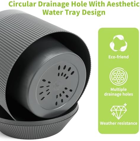 Plant Pots，Set of 3 Plastic Pots for Indoor Plants,Flower Pots Outdoor Planters with Drainage Hole and Seamless Saucer,Gray - Image 5