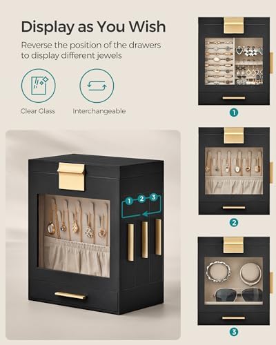 SONGMICS 5-Layer Jewelry Box with Glass Window, 3 Side Drawers - Image 3