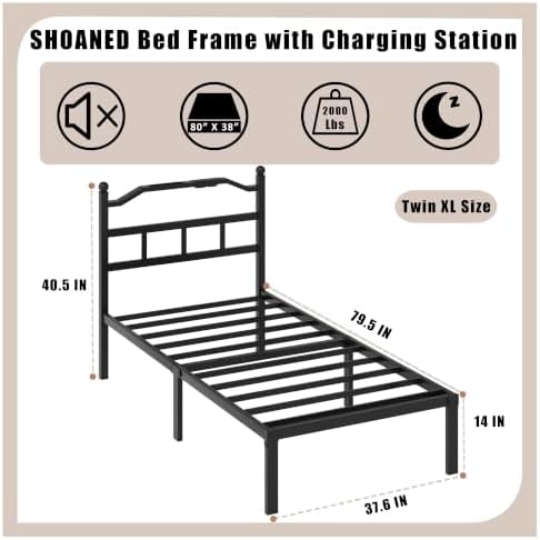 SHOANED Metal Bed Frame with Headboard - 14 Inch Twin XL Size Heavy Duty Bedframe with Charging Station Black Basic Steel Slats Platform No Box Spring Needed/Noise Free - Image 2