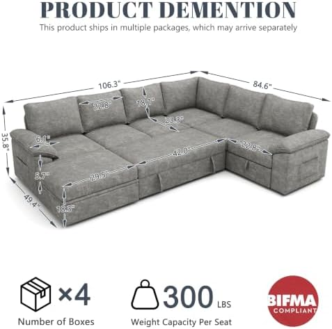 106'' Modular Sectional Sofa with Pull Out Bed, Sleeper Sofa, Light Gray - Image 3