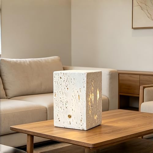 Marble Lamp Touch Light, Natural Travertine Stone Lamp, Rechargeable 3-Color Dimmable Bedside Night Light, Cordless Marble Table Lamp for Bedroom Living Room Bedside Decor (4x4x6in) by PanManner