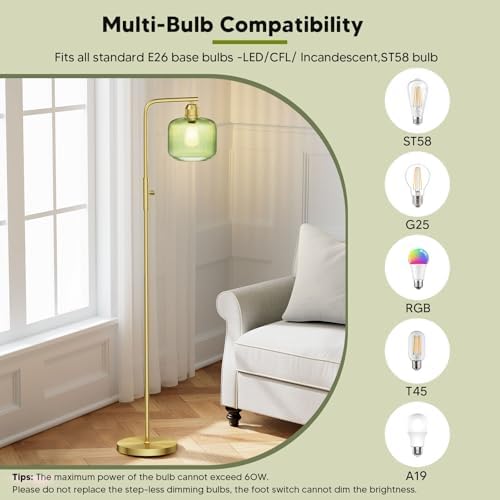 66" Dimmable Gold Standing Lamp with Green Ribbed Glass for Living Room - Image 5