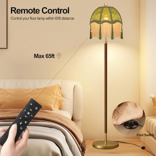 Wood Floor Lamps for Living Room Vintage Floor Lamp with Remote Control & 3 Color Temperature,Dimmable Floor Lamp Mid Century Modern Standing Lamp Green Fringe Tall Floor Lamp for Bedroom Corner - Image 4