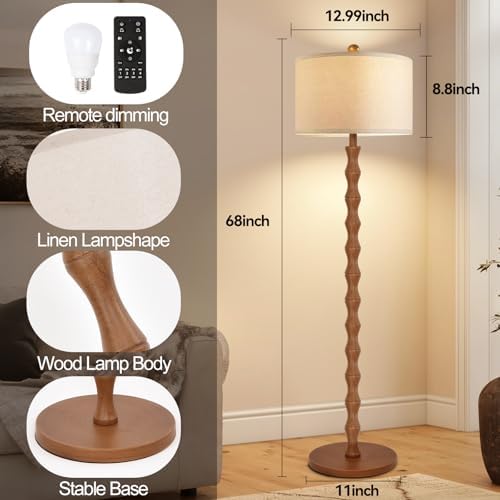 ZECOXOL Wood Floor Lamp with 3 Color Temperatures,Boho Floor Lamp with Remote Control,Dimmable Vintage Floor Lamp Mid Century Modern Standing Lamp Farmhouse Tall Pole Lamp for Living Room Bedroom - Image 6