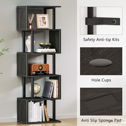 Furologee 6 Tier Bookshelf, S Shaped Geometric Bookcase, Black Oak - Image 4