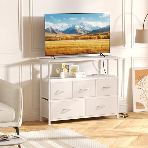 DUMOS TV Stand with 5 Fabric Drawers, with Open Shelf & Charging Station - Image 2