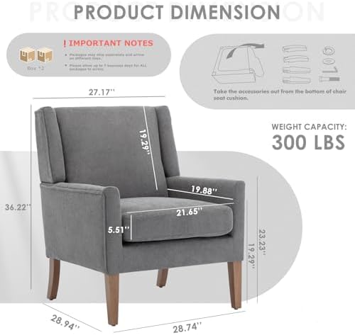 COLAMY Modern Wingback Living Room Chair Set of 2, Upholstered Fabric Accent Armchair, Single Sofa Chair with Lounge Seat and Wood Legs for Bedroom/Office/Reading Spaces, Gery - Image 2