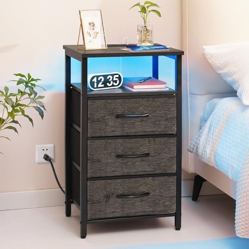 Yoobure Night Stand with Charging Station, 3 Fabric Drawers Nightstand, Bedside Tables with Storage Shelf, End Table with 16 Colors LED, Small Dresser for Small Space, Gray - Image 2