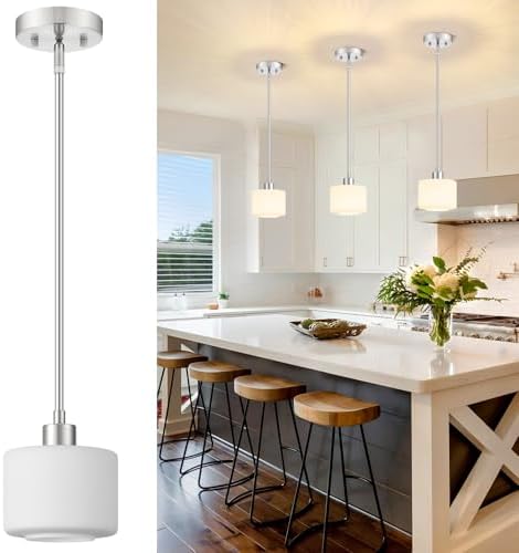 Brushed Nickel Pendant Lights Kitchen Island, 1-Light Modern Milk Glass Hanging Light Fixtures with Rods, Mini Kitchen Pendant Lighting Over Island for Sink Bathroom, OS-YQ8153-1PBN by Osimir