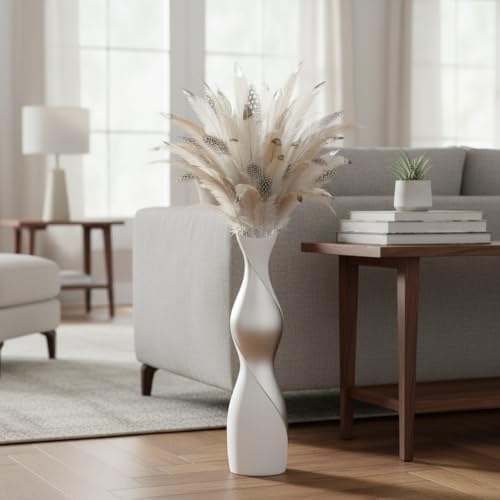 Matte White & Silver Modern Floor Vase, 24" Tall Dual-Tone Decorative Vase for Pampas Grass, Dried Flowers, Feathers, Contemporary Home Decor for Living Room, Bedroom, Entryway - Resin Design - Image 4