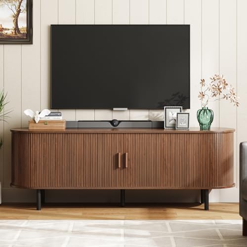 ONBRILL 63" TV Stand with Power Outlet & Storage for TVs up to 70", Walnut by ONBRILL