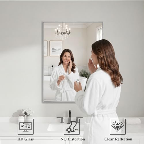 Koonmi Silver Rectangle Wall Mirror, 20x30 Inch Bathroom Mirror, Aluminum Frame Vanity Mirror for Entryway, Living Room, Bedroom Bathroom, Hangs Horizontally or Vertically - Image 3
