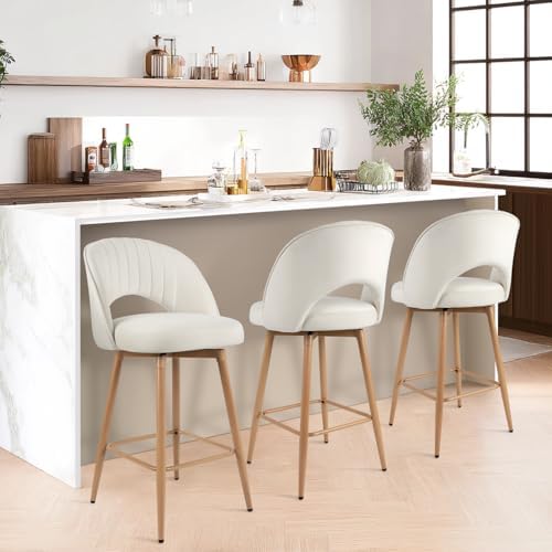 Swivel Bar Stools Set of 3, Counter Height Barstools for Kitchen Island, 26" Seat Height Bar Chairs for Dining Room, Velvet Upholstered Bar Stool with Back and Footrest, White - Image 6