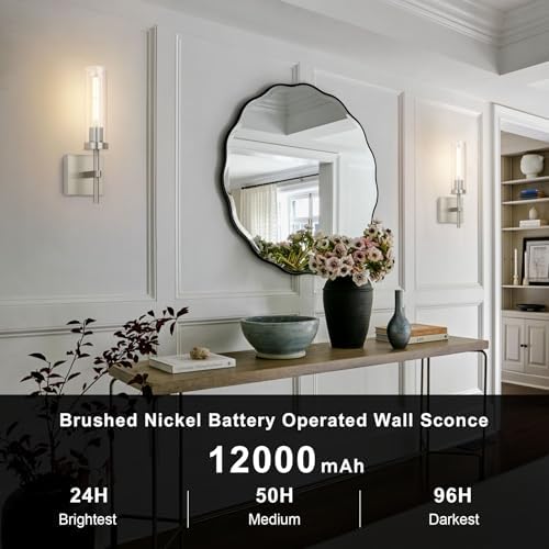 SANTOSTOCK Brushed Nickel Battery Operated Wall Sconces with Remote Control, Wireless Wall Sconce Set of 2, Rechargeable Cordless Wall Lights for Living Room Bathroom Hallway Entryway Stairwell, 3000K - Image 2