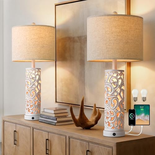 OYEARS 2-in-1 Light Table Lamp Set of 2 for Living Room, 28.5" Farmhouse Bedside Lamps with USB Charging Port, Main&Night Light & Dual Switches, Nightstand Lamp for Bedroom Home Office(Bulb Included) by OYEARS